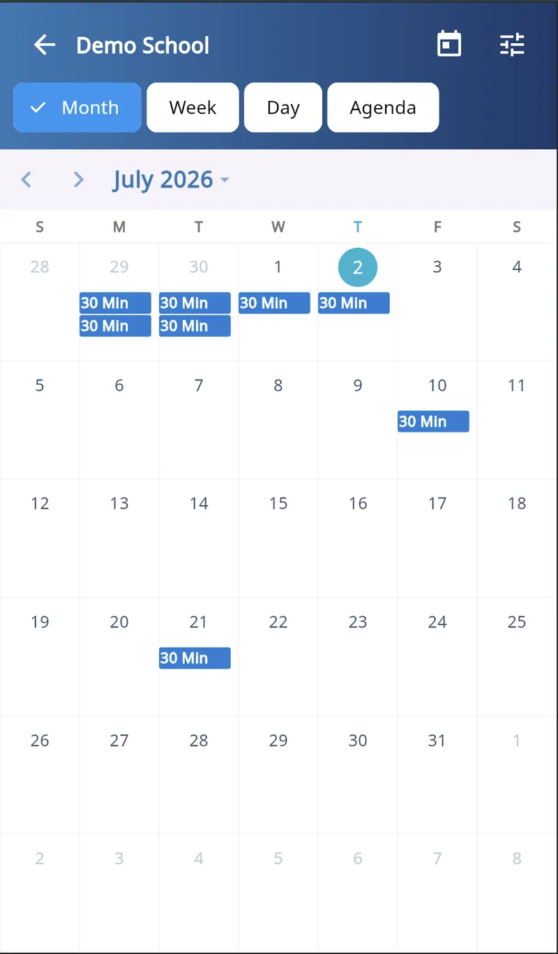 School calendar with appointment slots in the MyEncore app