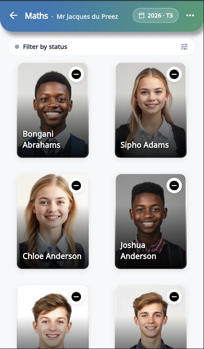 Class photo grid with learner attendance cards in the MyEncore app