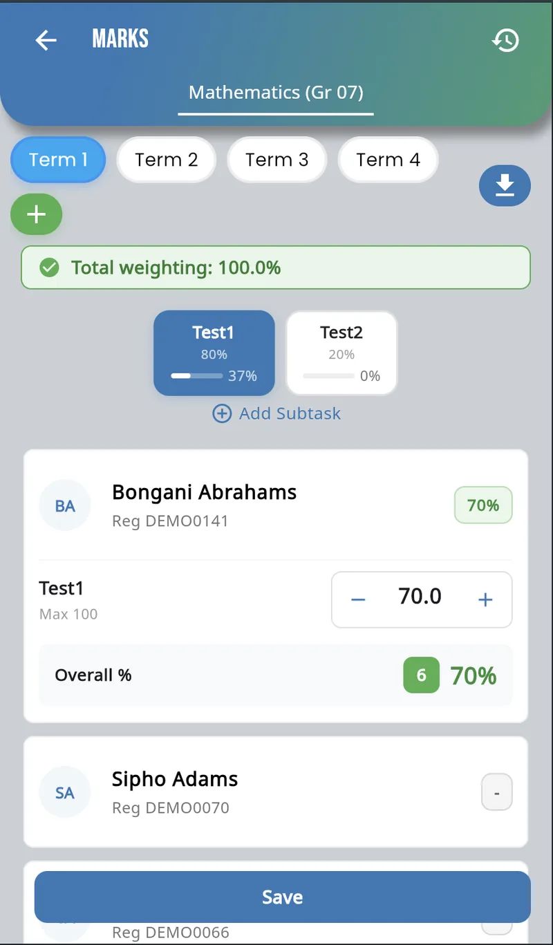 Marks capture screen with assessment weighting in the MyEncore app