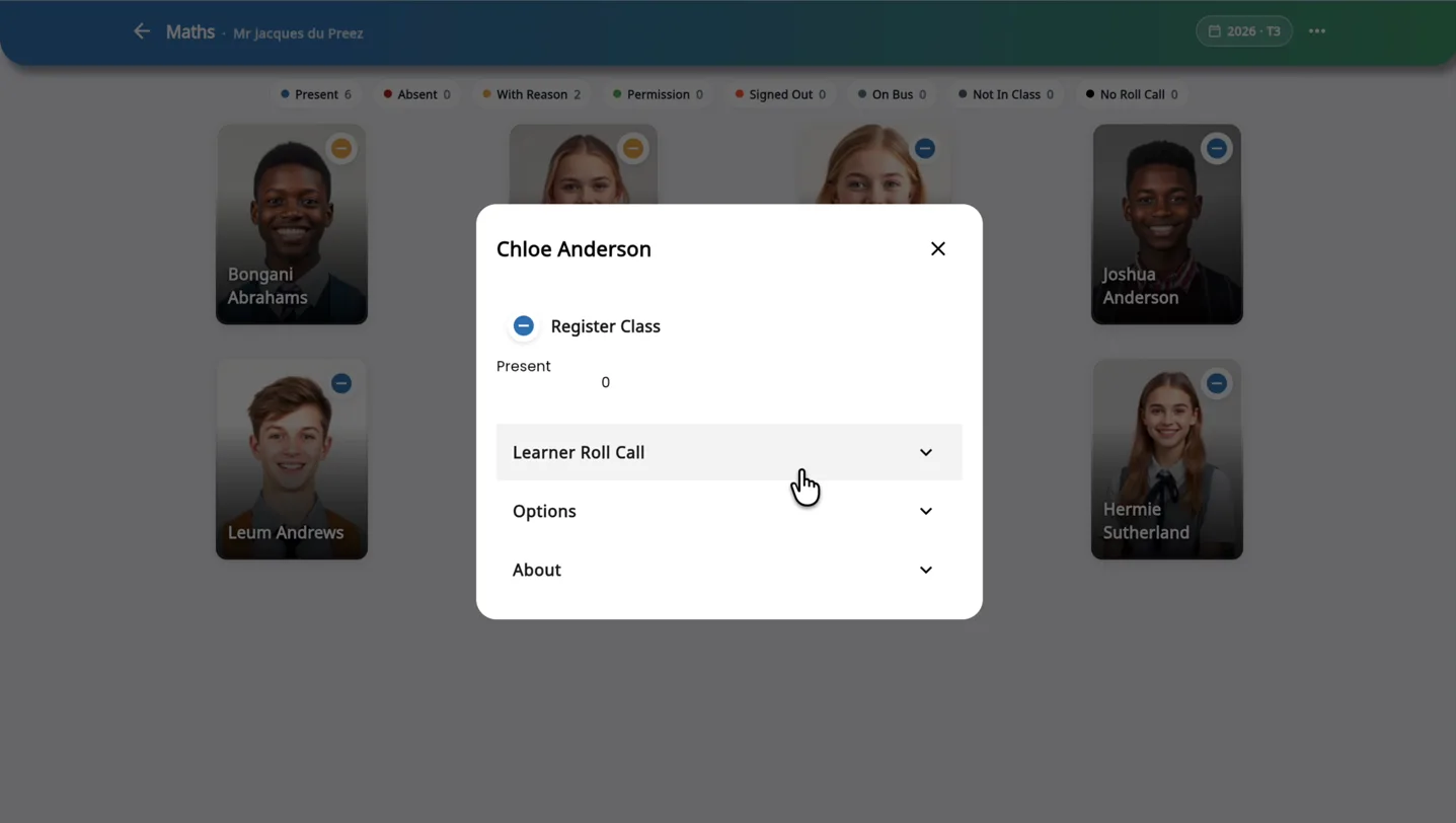 Live class roster with attendance status chips in MyEncore classroom management