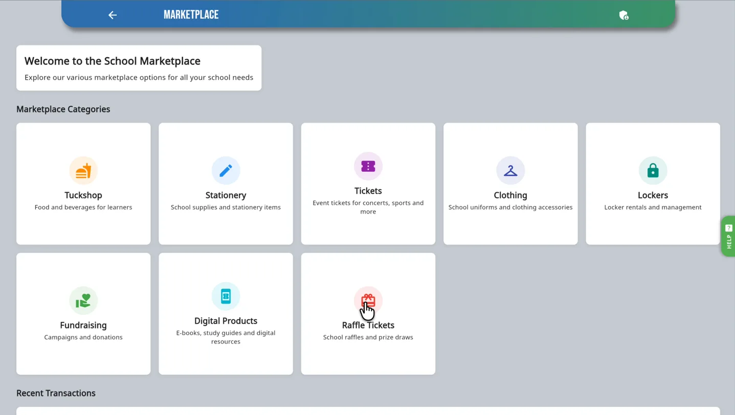 School marketplace — tuckshop, uniforms, tickets, lockers and fundraising in one cashless store