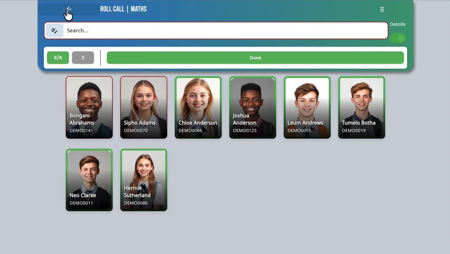 Photo-verified class roll call in MyEncore — teachers mark attendance against learner photos