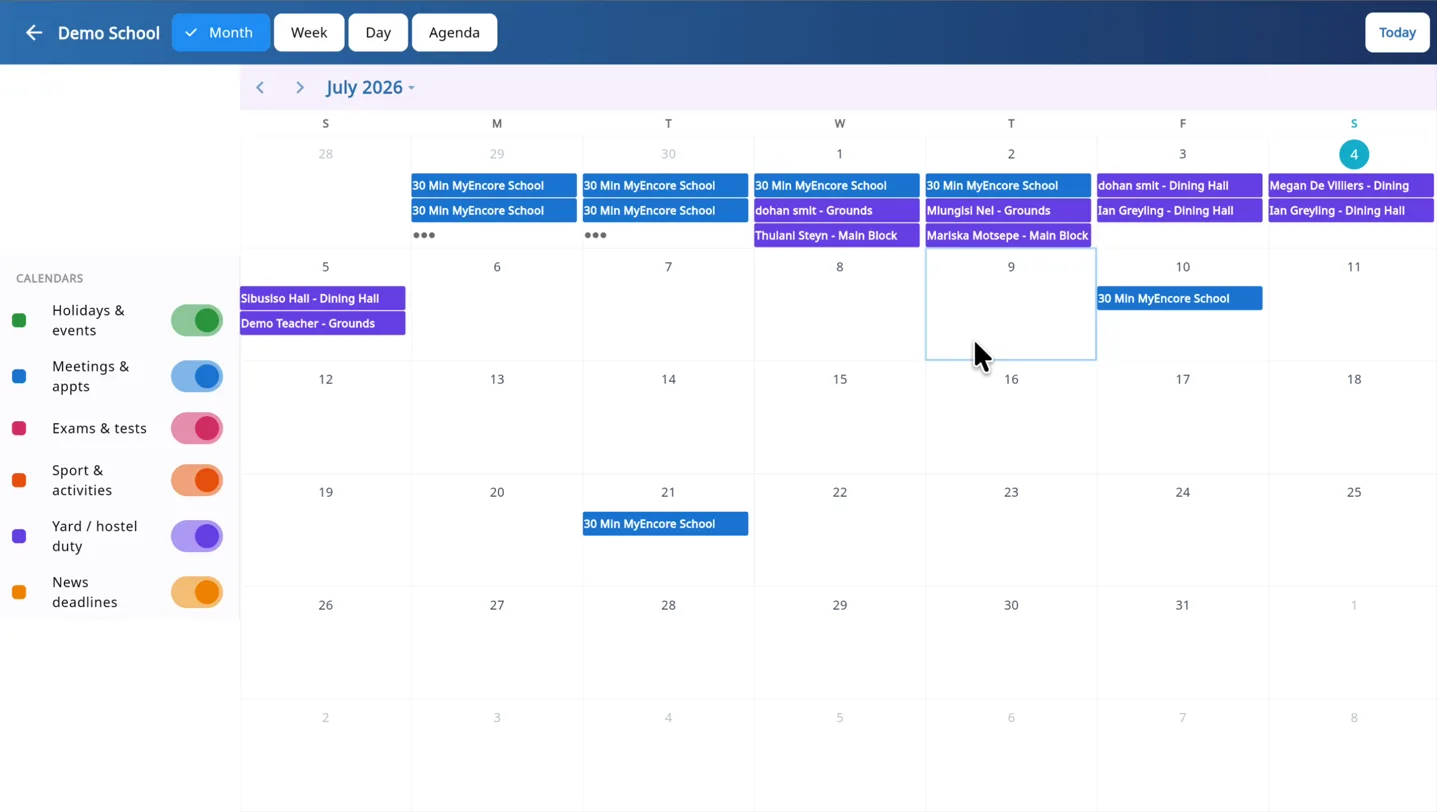 Colour-coded school calendar — exams, sport, meetings and duty rosters in one view